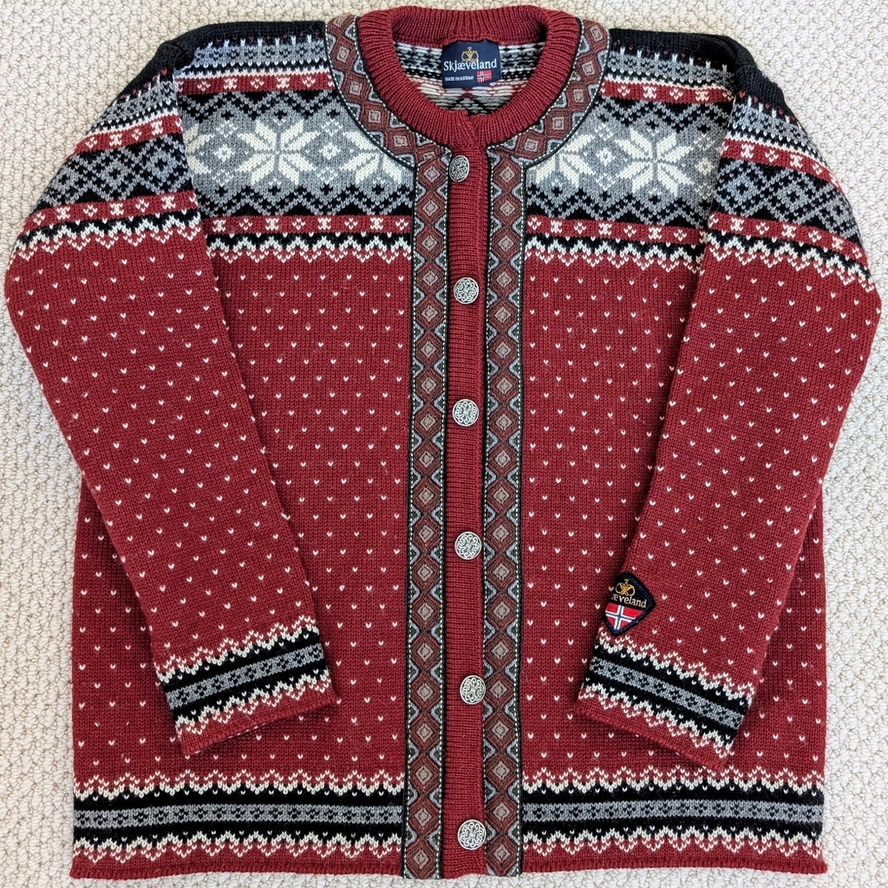 Skjaeveland Norwegian Wool Cardigan Sweater Unisex Women's L  Nordic Norway Red